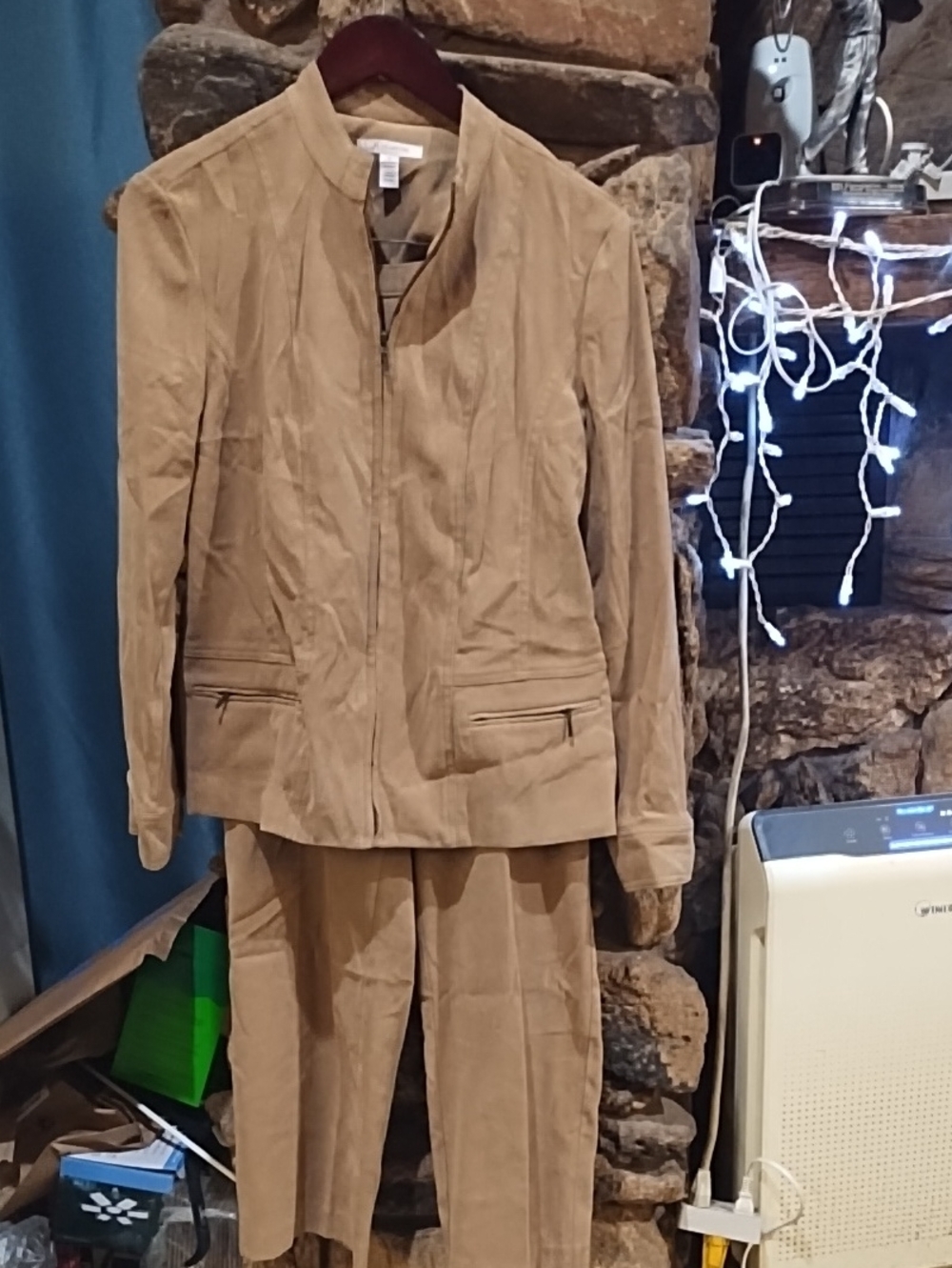 JM Collection Tan Suede-Look Blazer and Pants Set